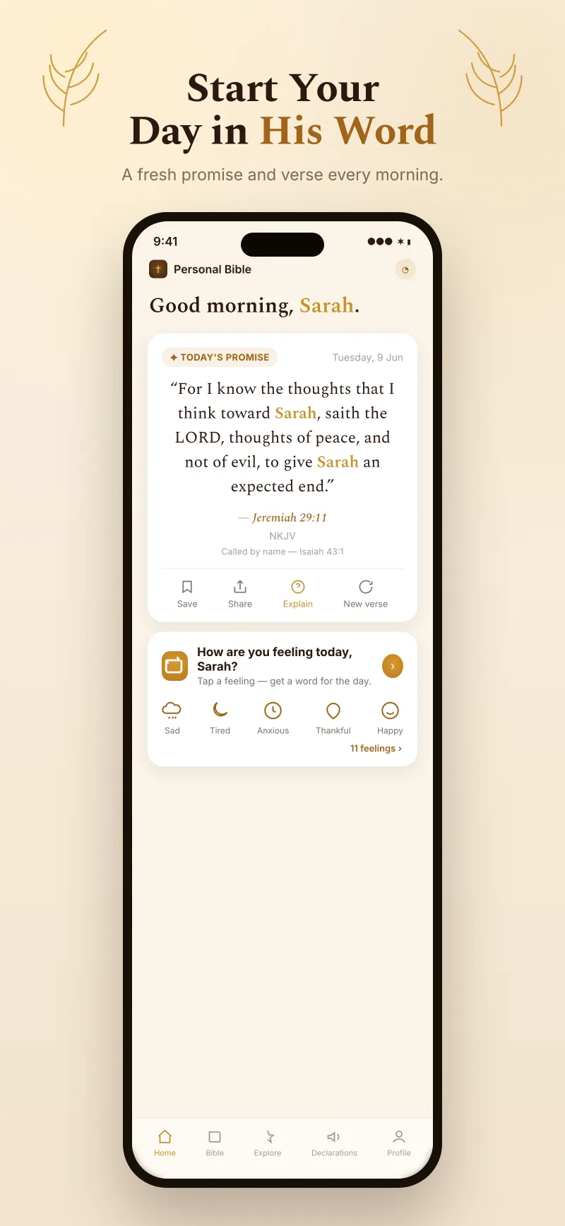 Personal Bible home screen — Good morning, Sarah, with today's promise from Jeremiah 29:11 personalized with the name Sarah