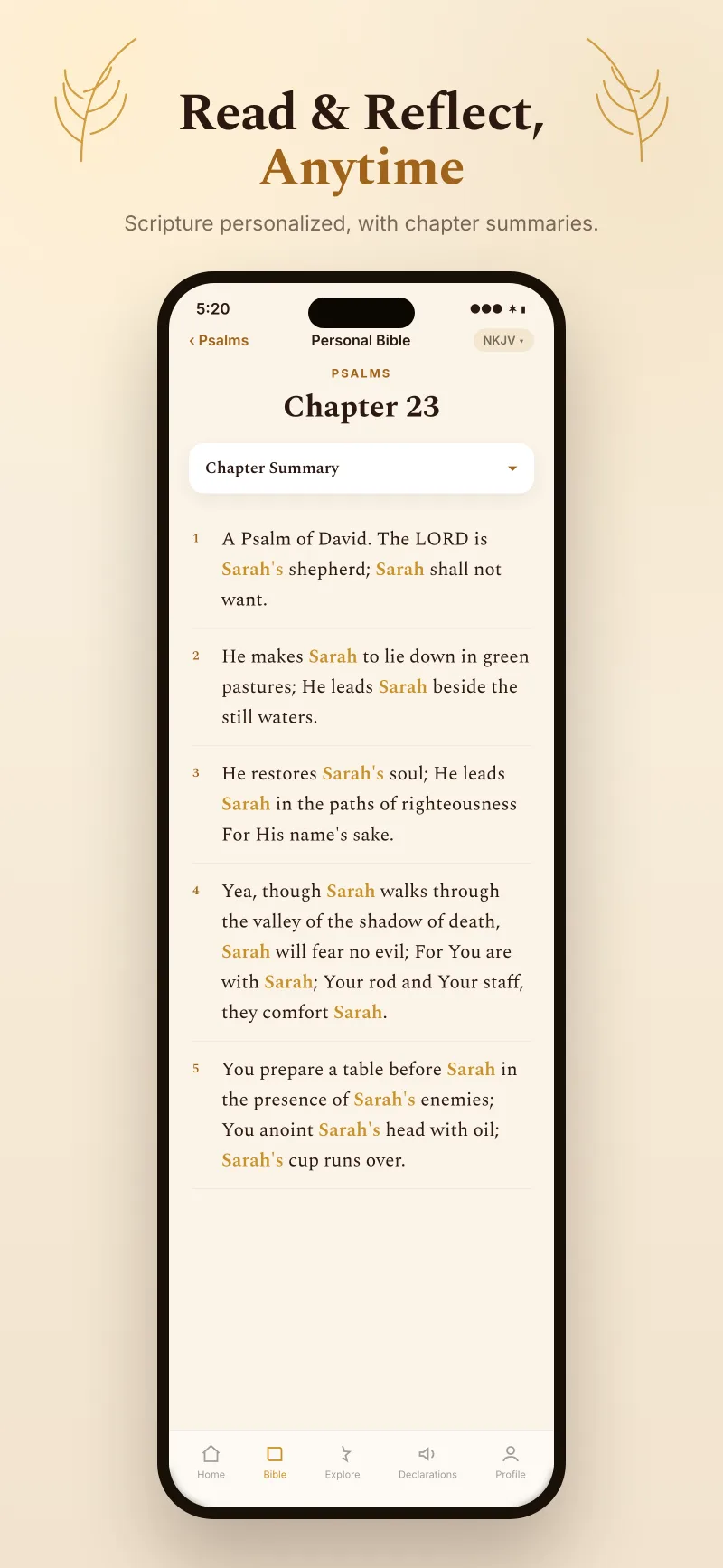 Bible reader showing Psalm 23 with the name Sarah woven into each verse